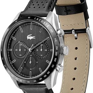 Lacoste Men's Chronograph Boston Black Leather Strap Watch 42mm